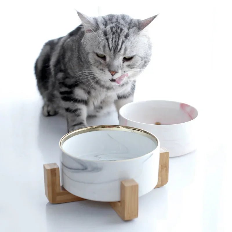 Marmeren, Keramische Kattenvoerbak met Houten Standaard - Duke & Scoop