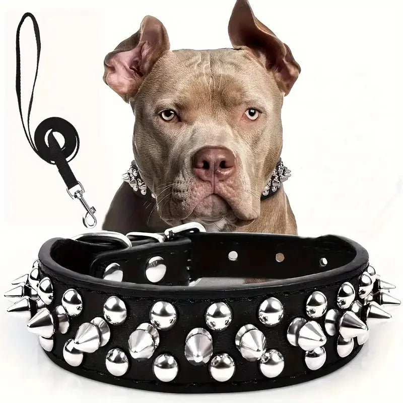 Stoere Leren Halsband met Spikes en Matching Riem - Duke & Scoop