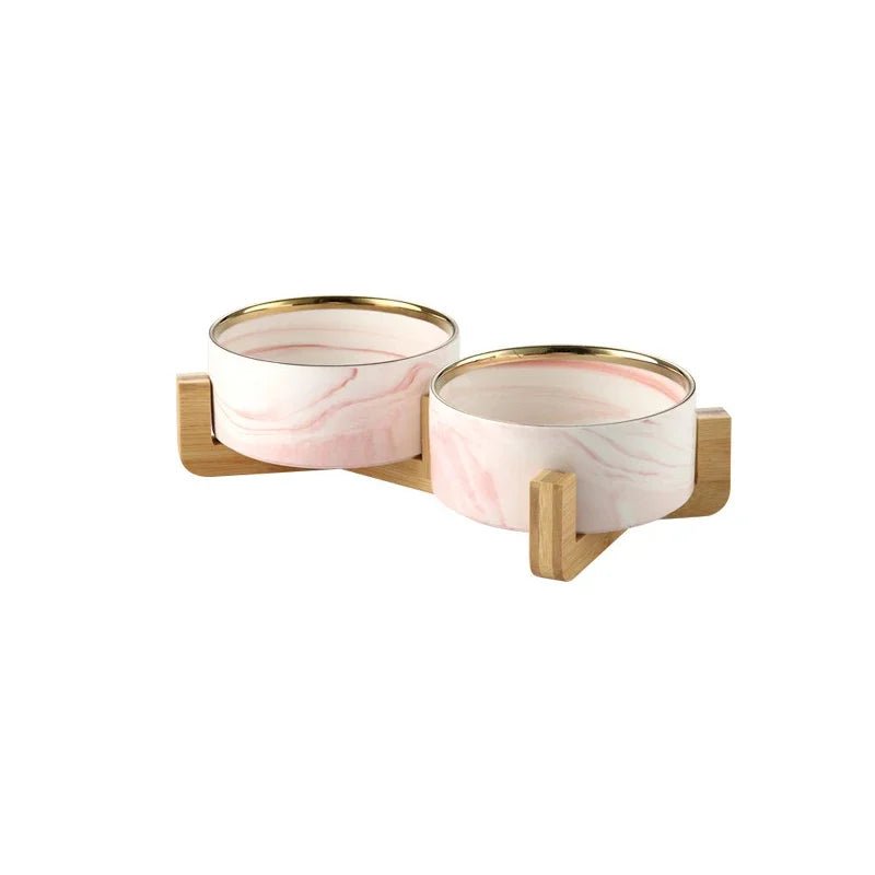 Marmeren, Keramische Kattenvoerbak met Houten Standaard - Duke & Scoop