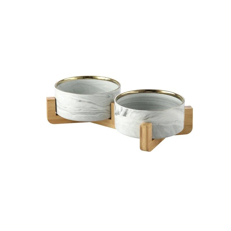 Marmeren, Keramische Kattenvoerbak met Houten Standaard - Duke & Scoop
