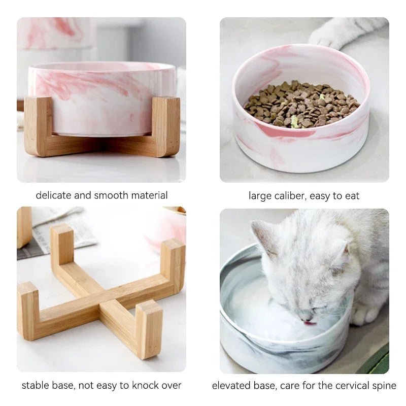 Marmeren, Keramische Kattenvoerbak met Houten Standaard - Duke & Scoop