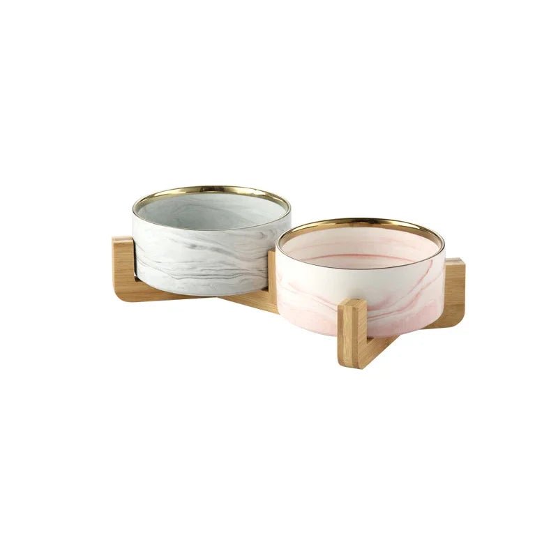 Marmeren, Keramische Kattenvoerbak met Houten Standaard - Duke & Scoop