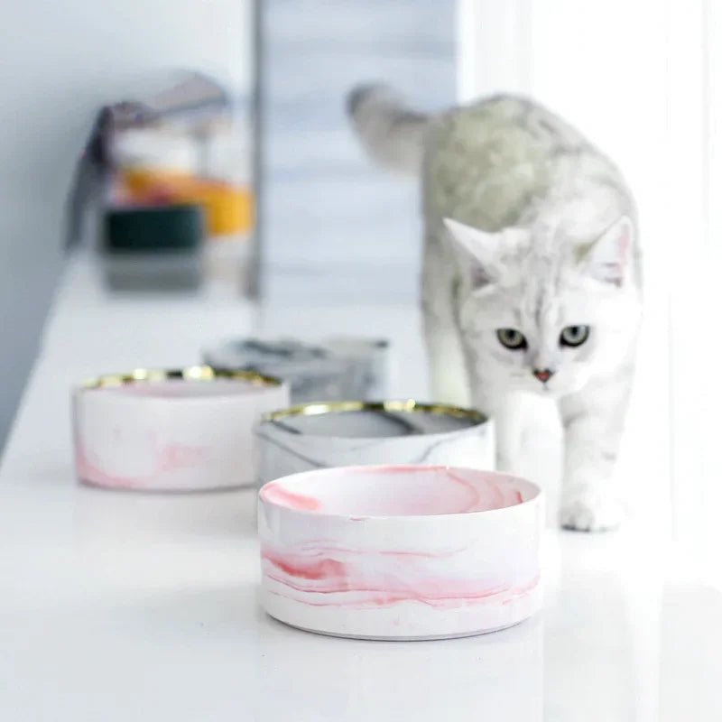 Marmeren, Keramische Kattenvoerbak met Houten Standaard - Duke & Scoop