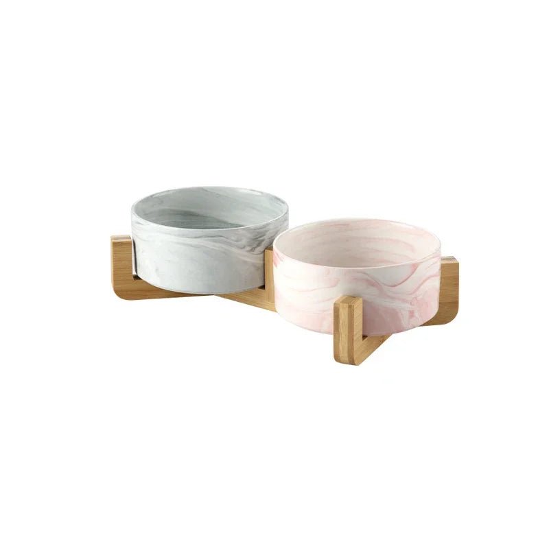 Marmeren, Keramische Kattenvoerbak met Houten Standaard - Duke & Scoop