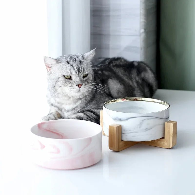 Marmeren, Keramische Kattenvoerbak met Houten Standaard - Duke & Scoop