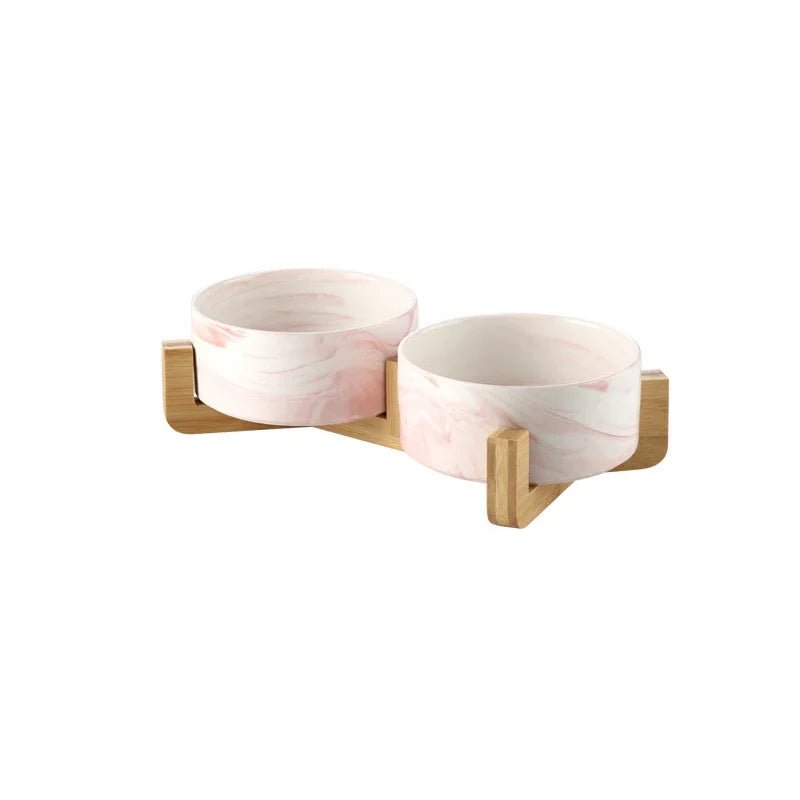 Marmeren, Keramische Kattenvoerbak met Houten Standaard - Duke & Scoop